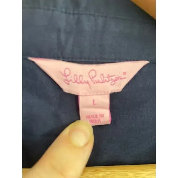 Lilly Pulitzer Navy Cotton Shirt Dress, roll tab sleeves Women’s Large - Picture 2 of 8